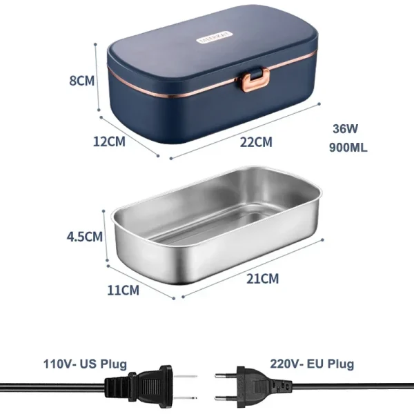 220V 110V Home Office School Electric Lunch Box Portable EU US Plug Food Warmer Container Heating Heater Stainless Steel 900ml 5